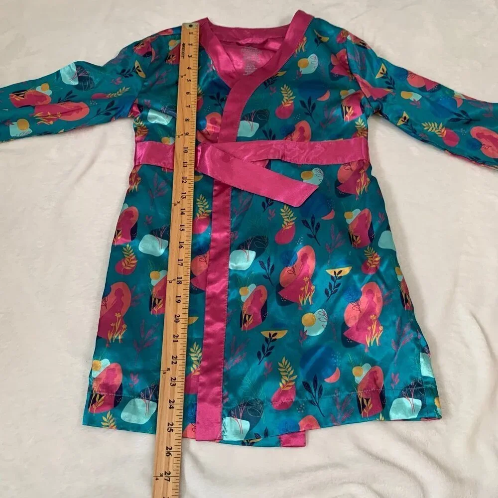 5/$25 Disney Robe Kids Size 5/6 Teal Pink Abstract‎ Floral Satin Wrap Loungewear